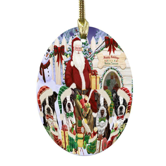 Happy Holidays Christmas Boston Terriers Dog House Gathering Oval Glass Christmas Ornament OGOR49687