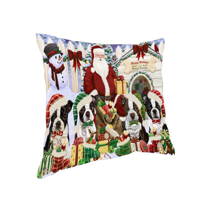 Happy Holidays Christmas Boston Terriers Dog House Gathering Pillow PIL61200