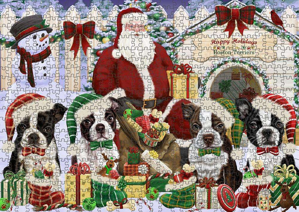 Happy Holidays Christmas Boston Terriers Dog House Gathering Puzzle with Photo Tin PUZL57714
