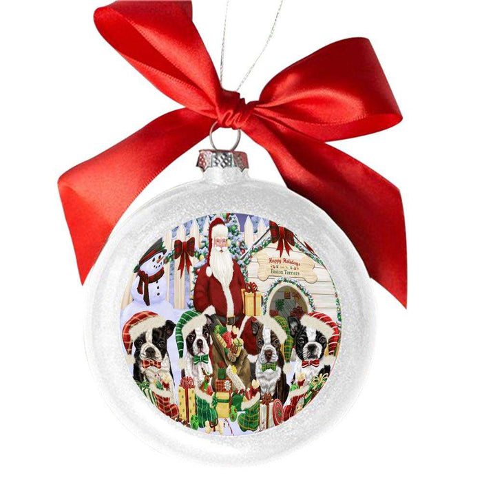 Happy Holidays Christmas Boston Terriers Dog House Gathering White Round Ball Christmas Ornament WBSOR49687