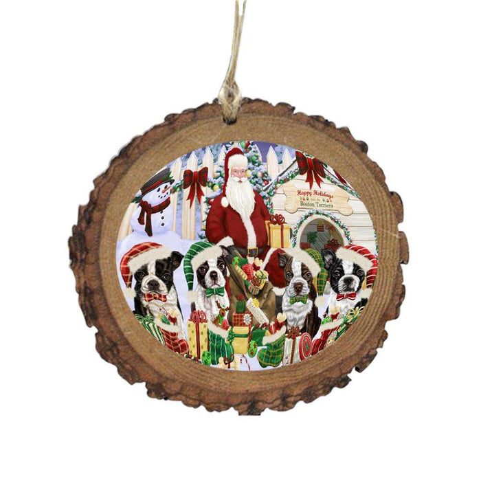 Happy Holidays Christmas Boston Terriers Dog House Gathering Wooden Christmas Ornament WOR49687