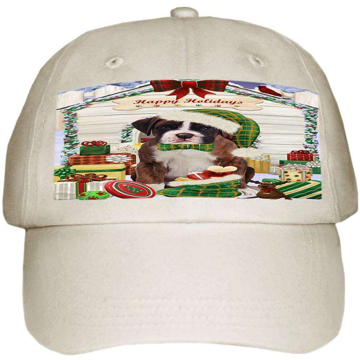 Happy Holidays Christmas Boxer Dog House with Presents Ball Hat Cap HAT57801