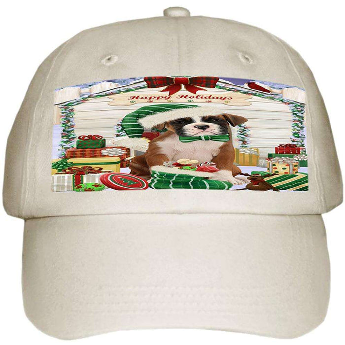 Happy Holidays Christmas Boxer Dog House with Presents Ball Hat Cap HAT57804
