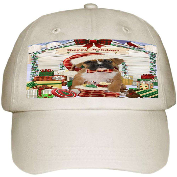 Happy Holidays Christmas Boxer Dog House with Presents Ball Hat Cap HAT57807