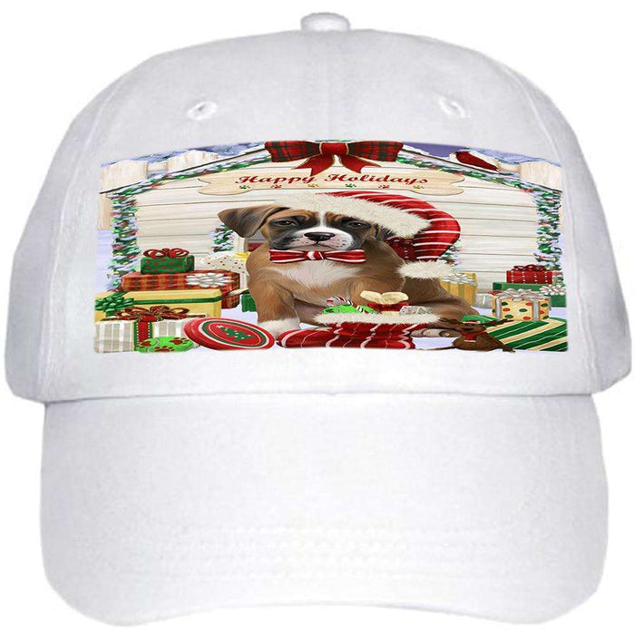 Happy Holidays Christmas Boxer Dog House with Presents Ball Hat Cap HAT57810