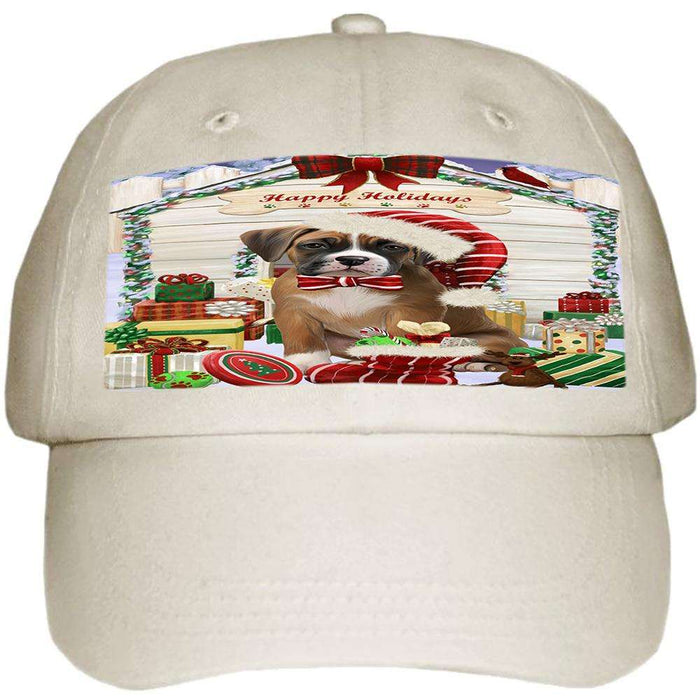 Happy Holidays Christmas Boxer Dog House with Presents Ball Hat Cap HAT57810