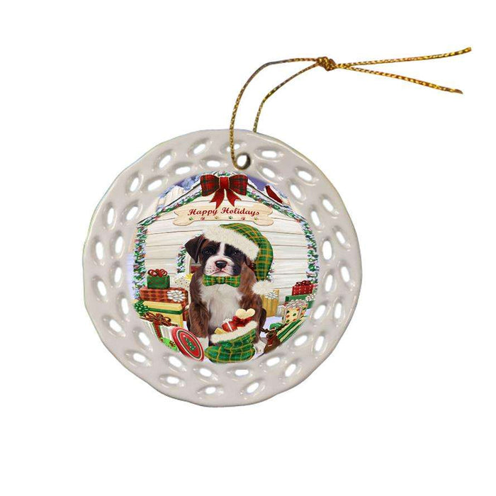 Happy Holidays Christmas Boxer Dog House with Presents Ceramic Doily Ornament DPOR51356