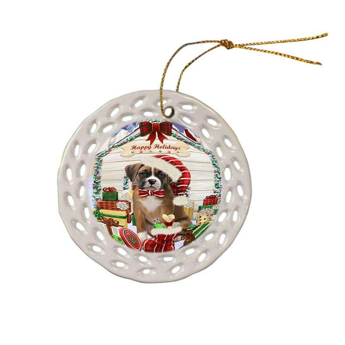 Happy Holidays Christmas Boxer Dog House with Presents Ceramic Doily Ornament DPOR51359