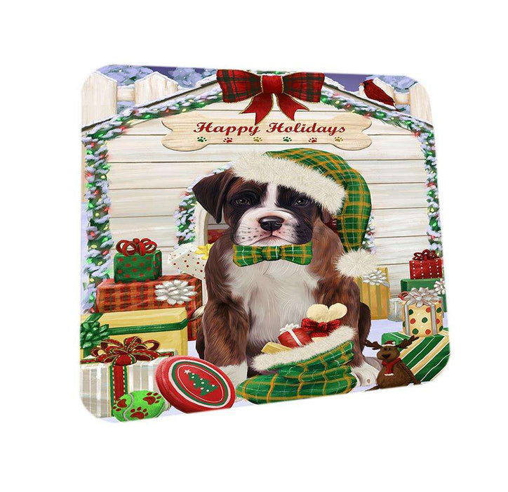 Happy Holidays Christmas Boxer Dog House with Presents Coasters Set of 4 CST51315