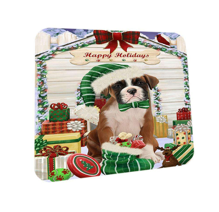 Happy Holidays Christmas Boxer Dog House with Presents Coasters Set of 4 CST51316