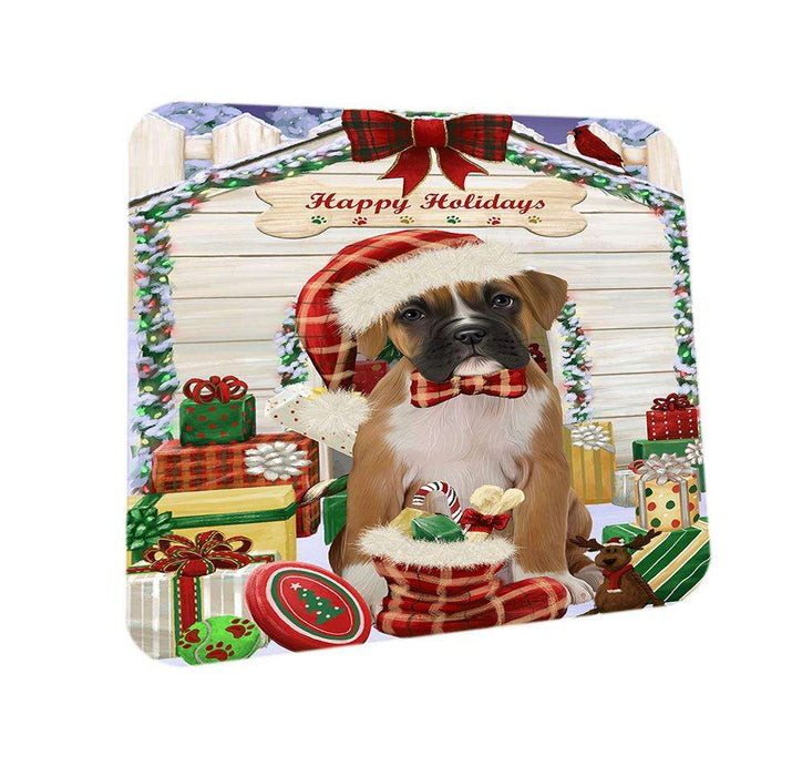 Happy Holidays Christmas Boxer Dog House with Presents Coasters Set of 4 CST51317