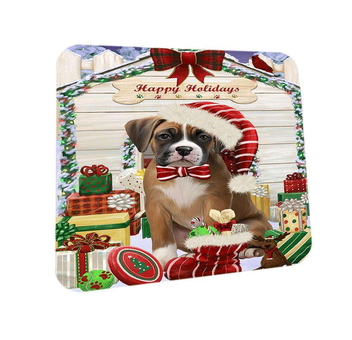 Happy Holidays Christmas Boxer Dog House with Presents Coasters Set of 4 CST51318
