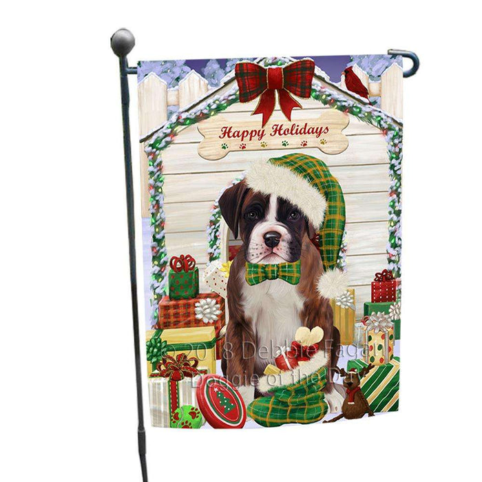 Happy Holidays Christmas Boxer Dog House with Presents Garden Flag GFLG51278