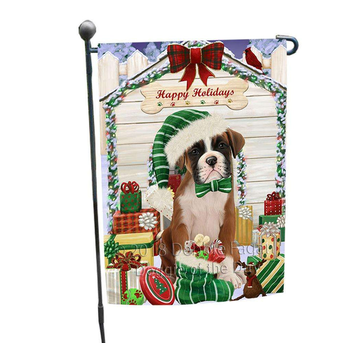 Happy Holidays Christmas Boxer Dog House with Presents Garden Flag GFLG51279