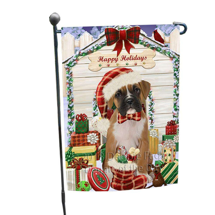 Happy Holidays Christmas Boxer Dog House with Presents Garden Flag GFLG51280