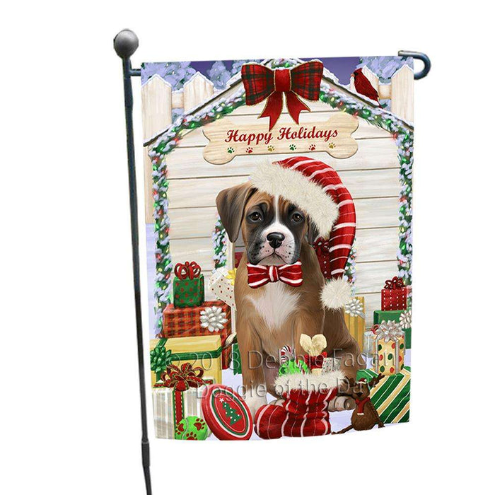 Happy Holidays Christmas Boxer Dog House with Presents Garden Flag GFLG51281