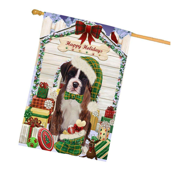 Happy Holidays Christmas Boxer Dog House with Presents House Flag FLG51414