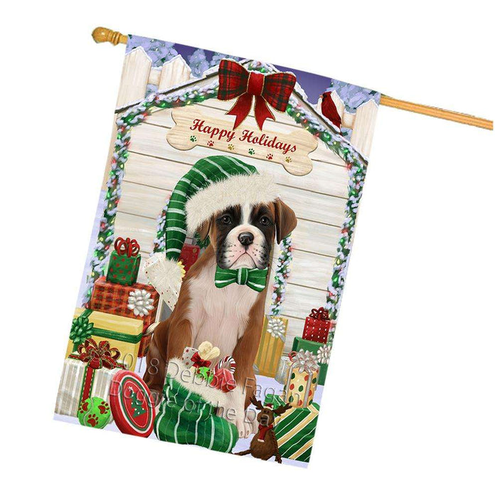 Happy Holidays Christmas Boxer Dog House with Presents House Flag FLG51415