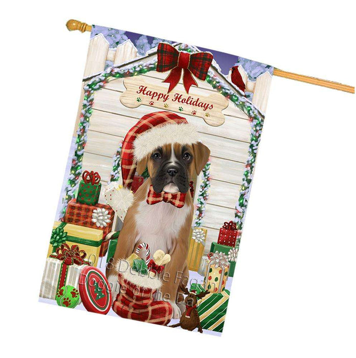 Happy Holidays Christmas Boxer Dog House with Presents House Flag FLG51416
