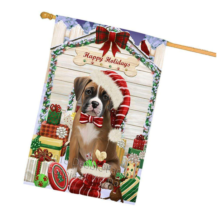 Happy Holidays Christmas Boxer Dog House with Presents House Flag FLG51417