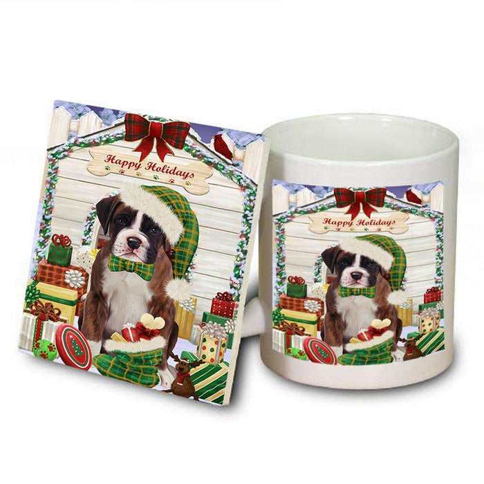 Happy Holidays Christmas Boxer Dog House with Presents Mug and Coaster Set MUC51348