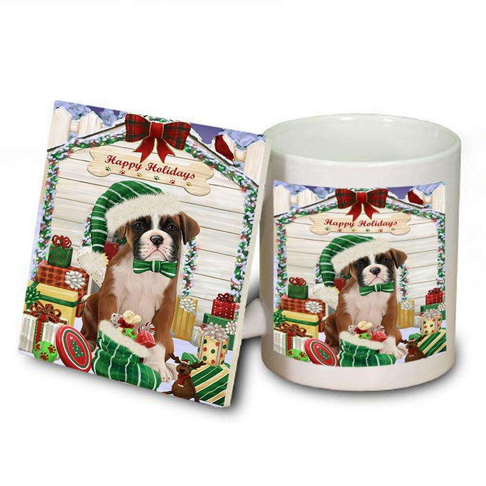 Happy Holidays Christmas Boxer Dog House with Presents Mug and Coaster Set MUC51349