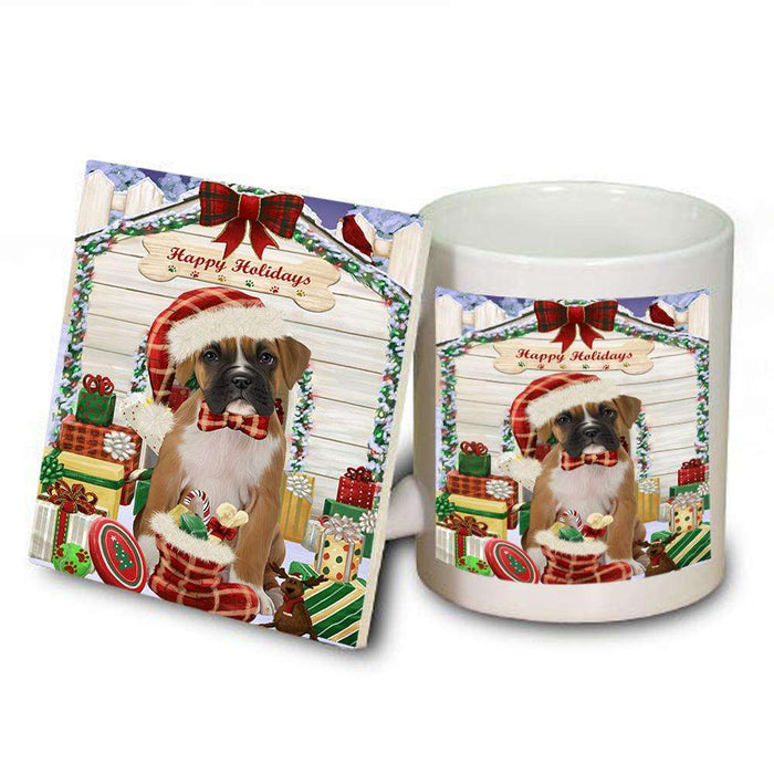 Happy Holidays Christmas Boxer Dog House with Presents Mug and Coaster Set MUC51350
