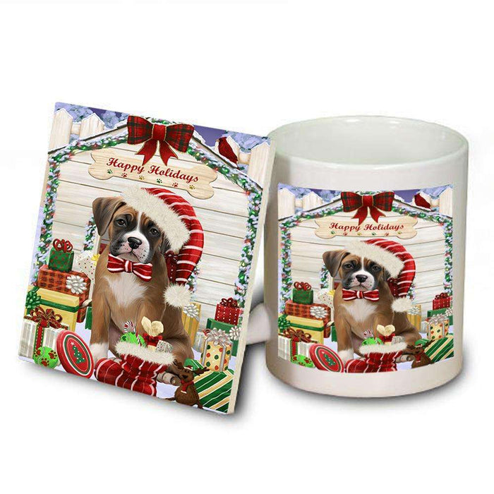 Happy Holidays Christmas Boxer Dog House with Presents Mug and Coaster Set MUC51351