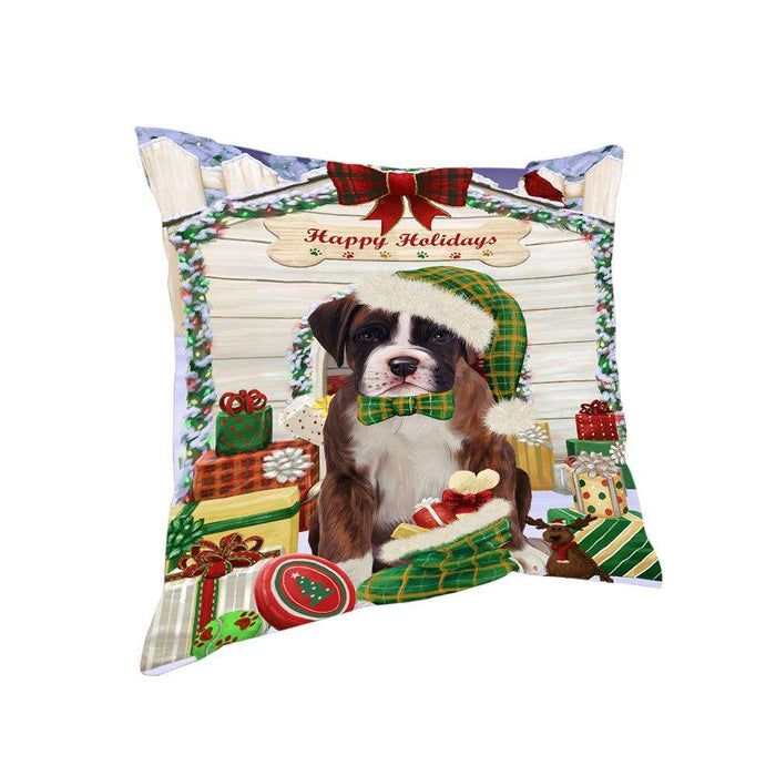 Happy Holidays Christmas Boxer Dog House with Presents Pillow PIL61488