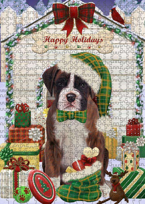 Happy Holidays Christmas Boxer Dog House with Presents Puzzle with Photo Tin PUZL57930