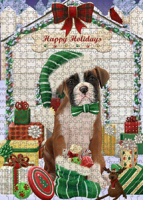 Happy Holidays Christmas Boxer Dog House with Presents Puzzle with Photo Tin PUZL57933
