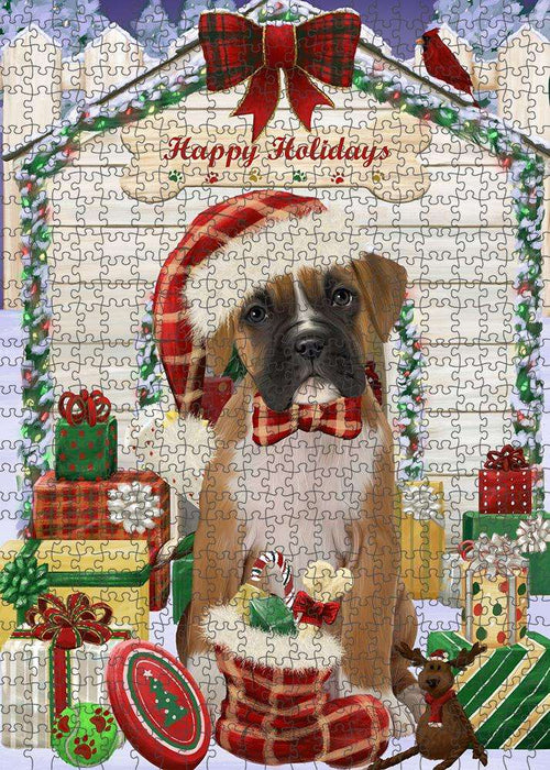 Happy Holidays Christmas Boxer Dog House with Presents Puzzle with Photo Tin PUZL57936