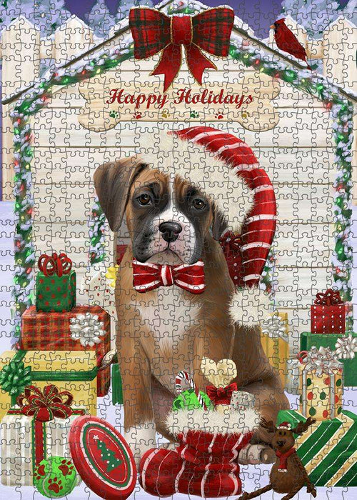Happy Holidays Christmas Boxer Dog House with Presents Puzzle with Photo Tin PUZL57939