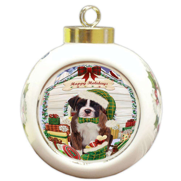 Happy Holidays Christmas Boxer Dog House with Presents Round Ball Christmas Ornament RBPOR51356