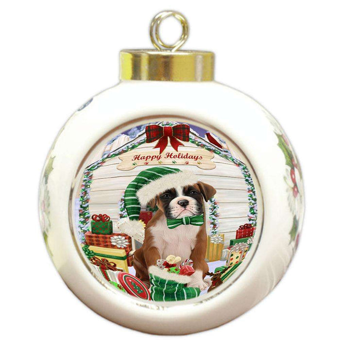 Happy Holidays Christmas Boxer Dog House with Presents Round Ball Christmas Ornament RBPOR51357