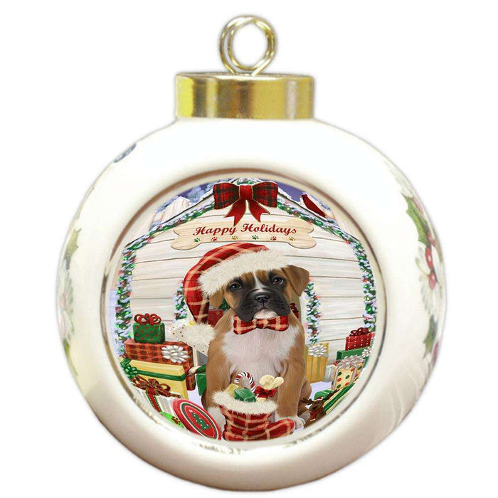 Happy Holidays Christmas Boxer Dog House with Presents Round Ball Christmas Ornament RBPOR51358
