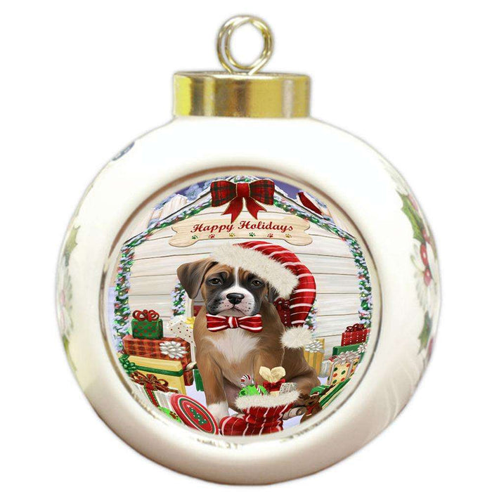 Happy Holidays Christmas Boxer Dog House with Presents Round Ball Christmas Ornament RBPOR51359