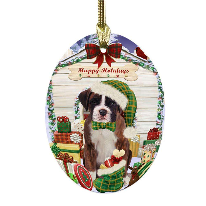 Happy Holidays Christmas Boxer House With Presents Oval Glass Christmas Ornament OGOR49806