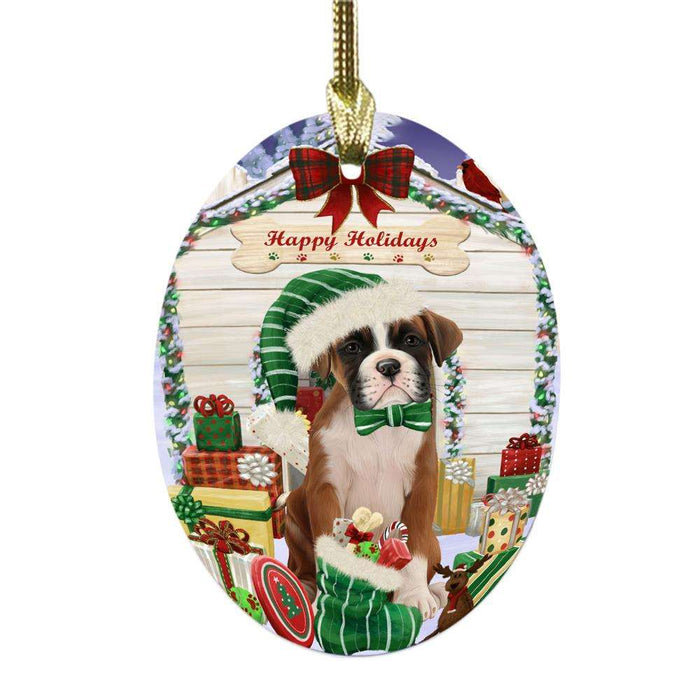 Happy Holidays Christmas Boxer House With Presents Oval Glass Christmas Ornament OGOR49807
