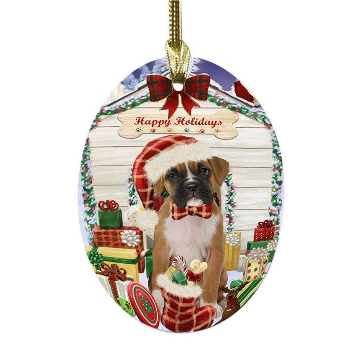 Happy Holidays Christmas Boxer House With Presents Oval Glass Christmas Ornament OGOR49808