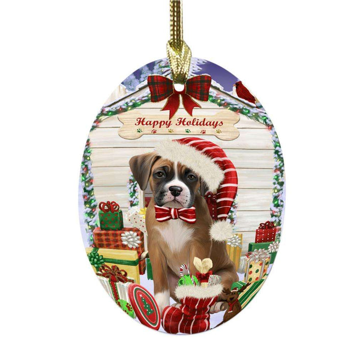 Happy Holidays Christmas Boxer House With Presents Oval Glass Christmas Ornament OGOR49809