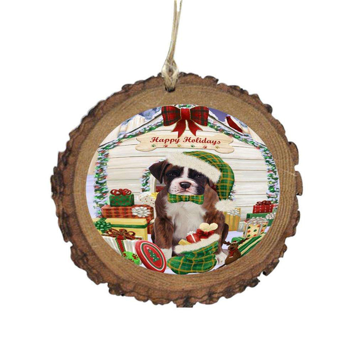 Happy Holidays Christmas Boxer House With Presents Wooden Christmas Ornament WOR49806