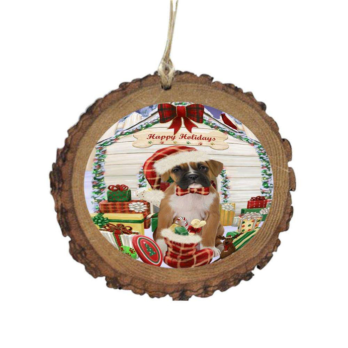 Happy Holidays Christmas Boxer House With Presents Wooden Christmas Ornament WOR49808