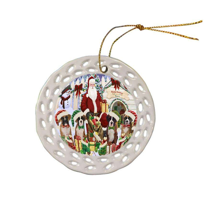Happy Holidays Christmas Boxers Dog House Gathering Ceramic Doily Ornament DPOR51285