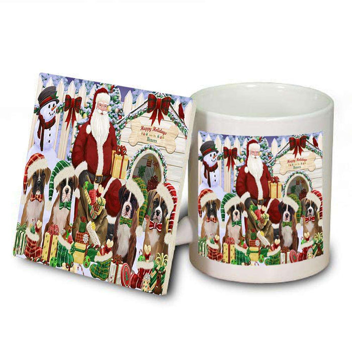 Happy Holidays Christmas Boxers Dog House Gathering Mug and Coaster Set MUC51277
