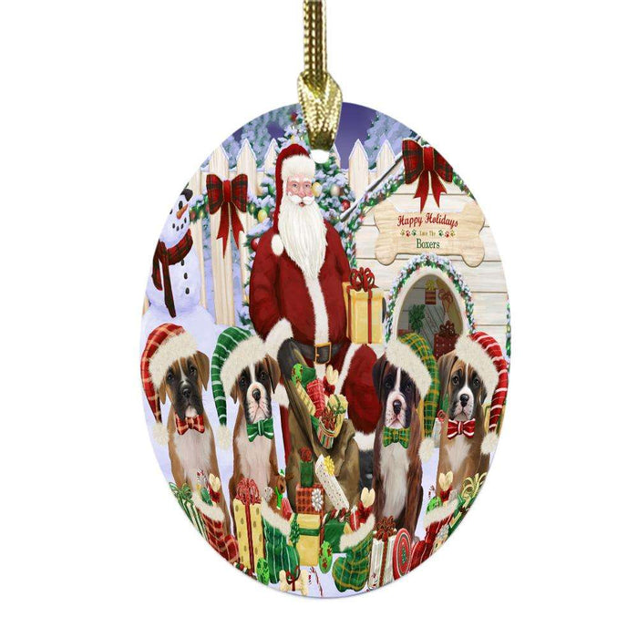 Happy Holidays Christmas Boxers Dog House Gathering Oval Glass Christmas Ornament OGOR49688