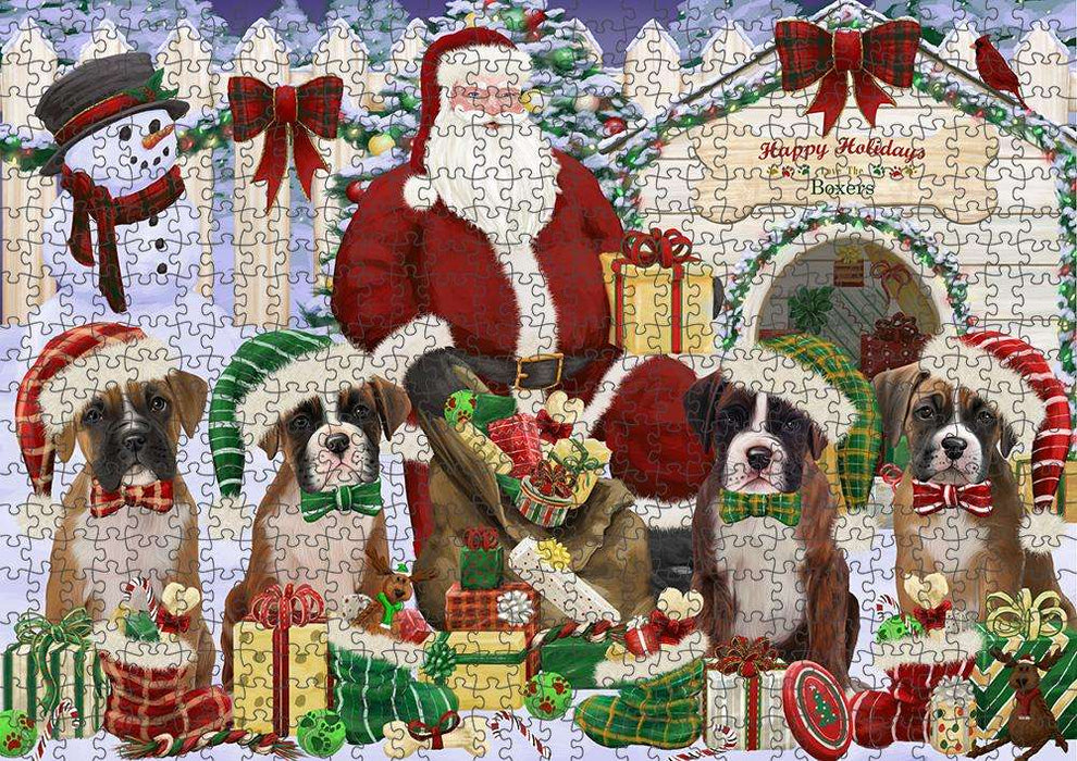 Happy Holidays Christmas Boxers Dog House Gathering Puzzle with Photo Tin PUZL57717