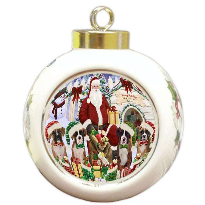 Happy Holidays Christmas Boxers Dog House Gathering Round Ball Christmas Ornament RBPOR51285