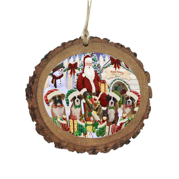 Happy Holidays Christmas Boxers Dog House Gathering Wooden Christmas Ornament WOR49688