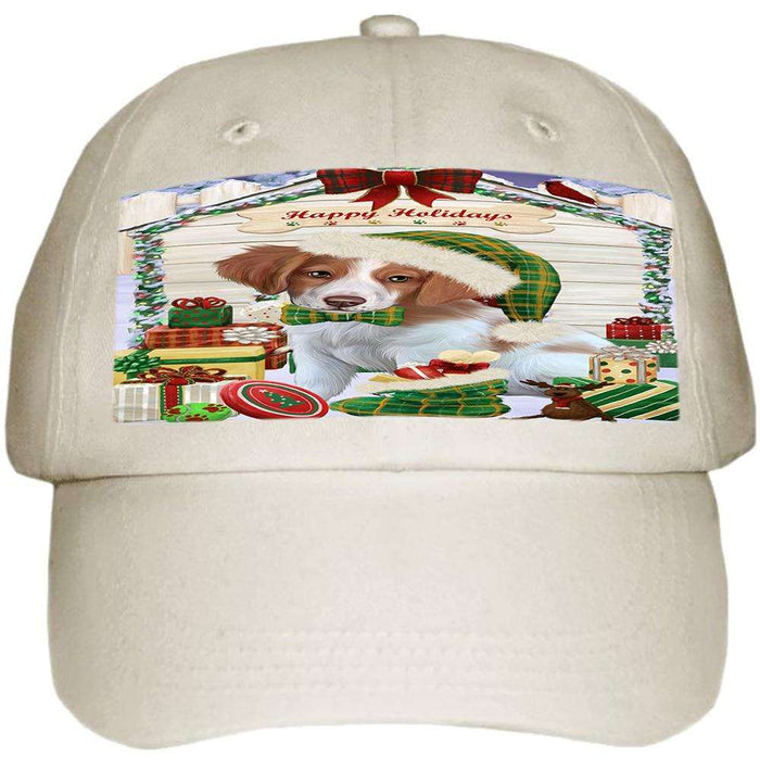 Happy Holidays Christmas Brittany Spaniel Dog House with Presents Ball Hat Cap HAT57813